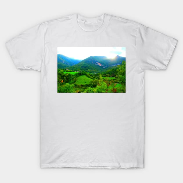 View from Sarnano at the Sibillini Mountains, hills, cattle, buildings T-Shirt by KristinaDrozd